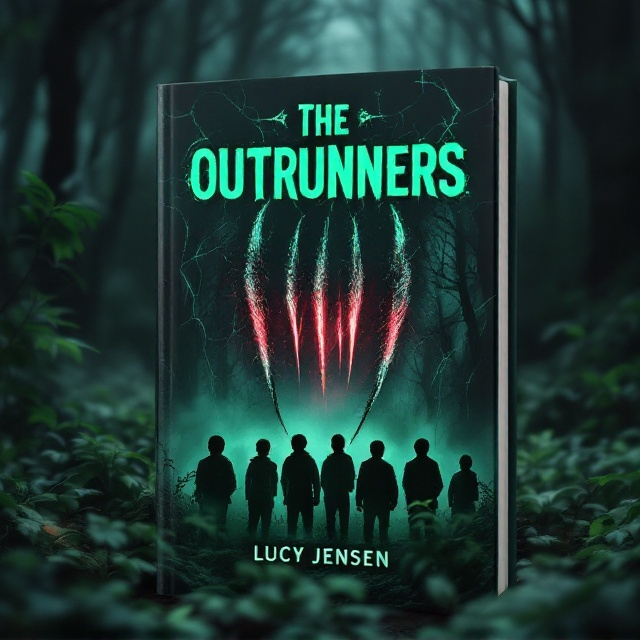 A shadowy, overgrown forest dominates the background with muted, eerie green foliage. In the foreground, a group of boys stands with fearful expressions, their silhouettes framed by the forest's dense trees. Parallel, jagged, monster claw marks slash diagonally across the cover, revealing hints of an ominous blood-red glow behind them, creating tension. Mist weaves through the forest floor, giving an added sense of mystery and danger. The edges of the cover fade into darker shades, pulling focus on the central characters and the claw marks.