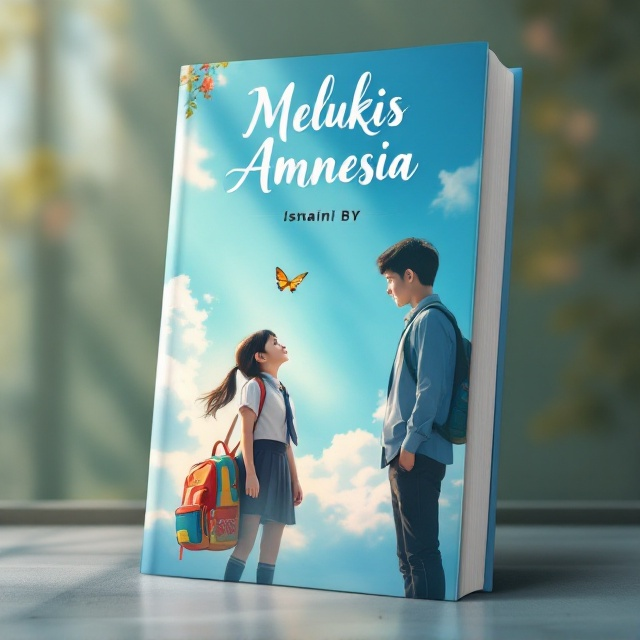 The cover features a serene blue sky spanning the background. In the center foreground, a little girl dressed in a neat uniform stands while looking curiously at a butterfly hovering close to her tie. Behind her stands a tall boy slightly turned away, carrying the little girl’s colorful backpack in one hand, his stance protective yet detached. Gentle sunlight filters in from the upper corner to create a warm glow.