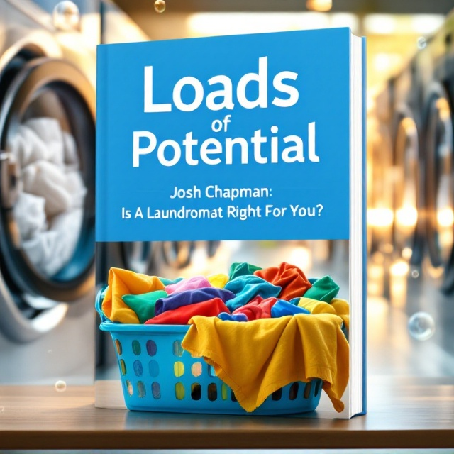 A neatly arranged laundromat scene with rows of modern, stainless-steel washing machines and dryers. The machines have a shiny, cheerful reflection, and fresh white linens are tumbling visibly behind the front glass doors. Warm sunlight streams through the background, creating a clean and inviting ambiance. In the foreground, a vibrant laundry basket overflowing with colorful, folded clothes sits on top of a folding table. Subtle bubbles float gently up across the cover, adding a fun and whimsical touch.