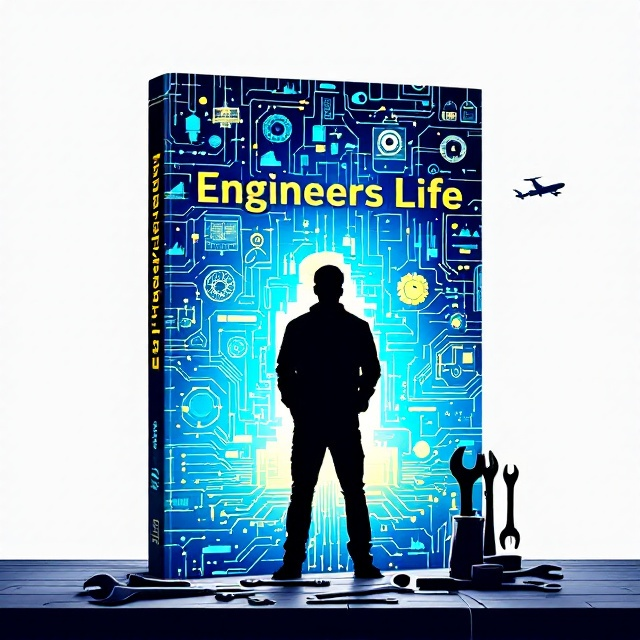 A bold illustration of an engineer in silhouette, standing at the center of the cover against a large sky-blue digital background embedded with faint, glowing circuits, gears, and schematics. Strategically scattered elements such as a crane on the left, an aircraft in the top-right corner, and a modern drone hovering above bind the technological narrative. At the bottom of the cover, a faint outline of tools, like spanners and wrenches, arranged as if lying across a workbench. The overall scene symbolizes the journey through innovation, struggle, and triumph.