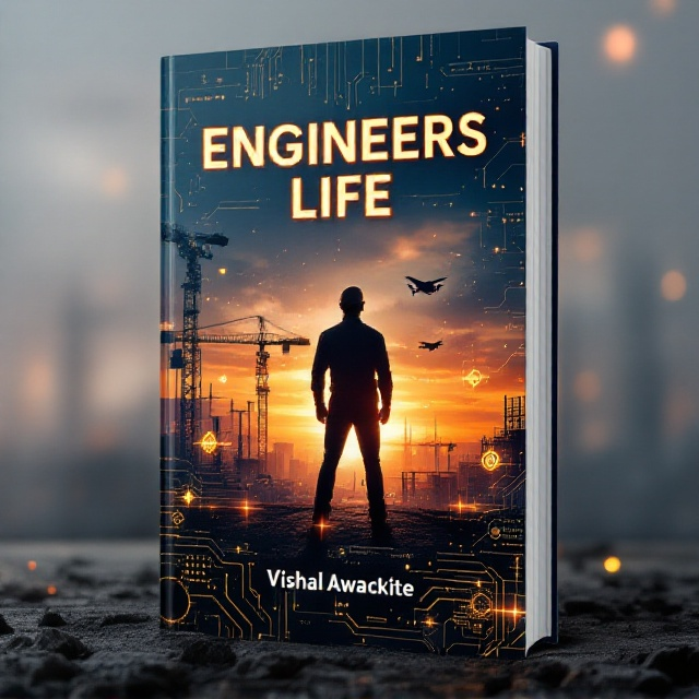 An inspiring scene of a silhouetted engineer standing confidently on a construction site at sunset, surrounded by a mix of modern technological elements like drones, gears, circuit patterns, and glowing digital screens. A crane and aircraft soar in the background, fading into a subtle gradient sky, giving a sense of ambition and innovation. Subtle sparks symbolize the energy and movement of engineering processes.