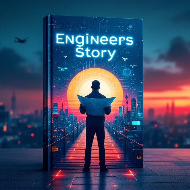 A central illustration of an engineer standing on a bridge in the foreground, hands carrying a blueprint with gears, circuits, and tools subtly intertwined on the design. Behind the figure, a futuristic cityscape is displayed, with digital screens, aircraft, drones, and cranes extending toward the sky. The background features a gradient sky transitioning from deep blue to an inspiring orange sunrise, signifying hope and innovation. At the bottom, there’s a transparent overlay of a microchip, tying everything to technological advancements.