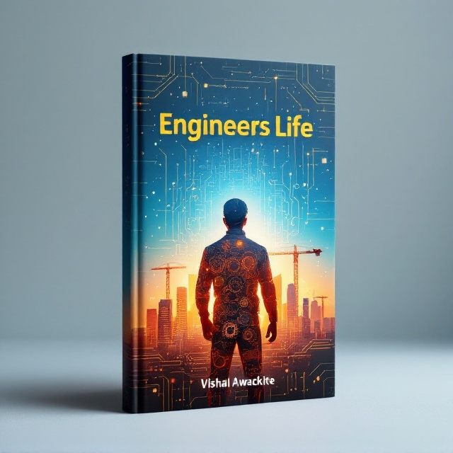 A central illustration of a modern engineer, with a silhouette subtly formed using interconnected gears, digital screens, circuit patterns, cranes, and tall buildings as the backdrop. The illustration blends into a gradient sky (transitioning from deep blue to orange) symbolizing inspiration and forward momentum. Soft lines of light mimic the motion of circuits running diagonally across the background.
