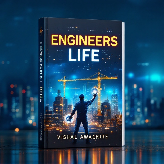 A digitally illustrated engineer stands at the forefront, holding a gear in one hand and a circuit board in the other. Behind the engineer is a silhouette of a cityscape with cranes and under-construction buildings, symbolizing growth and creation. A glowing digital screen with faint binary code patterns overlays parts of the background, while interlocking gears subtly fade into the sky, creating a sense of motion. The color palette features bold shades of blue and metallic silver, with warm golden accents to evoke inspiration and optimism.