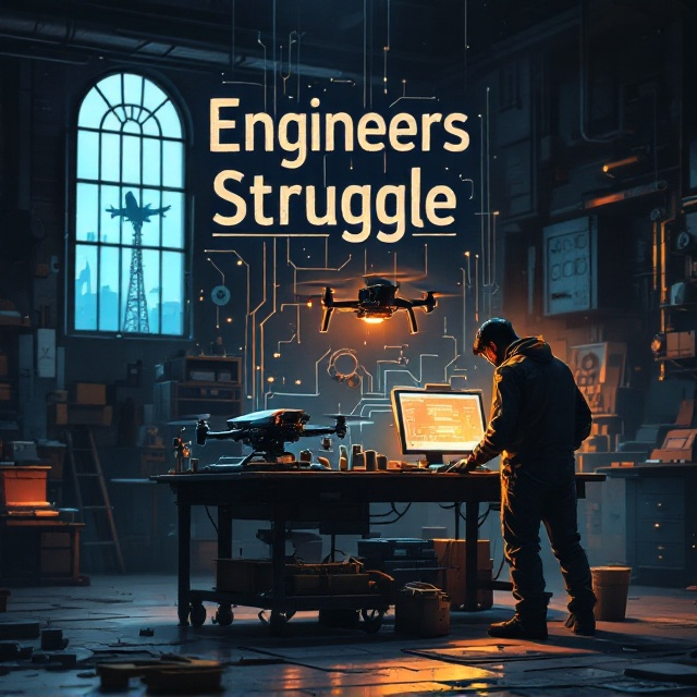 A dynamic and gritty illustration of an engineer standing hunched over a workbench in a dimly lit industrial workshop. Various tools and gears scatter across the desk with a glowing computer monitor in the background. A partially constructed drone hovers nearby, while the silhouette of a towering crane and the faint outline of an aircraft are visible through a large industrial window. The scene features glowing circuits flowing in the background, merging into the edge of the engineer's silhouette, representing the merging of human effort and technology.
