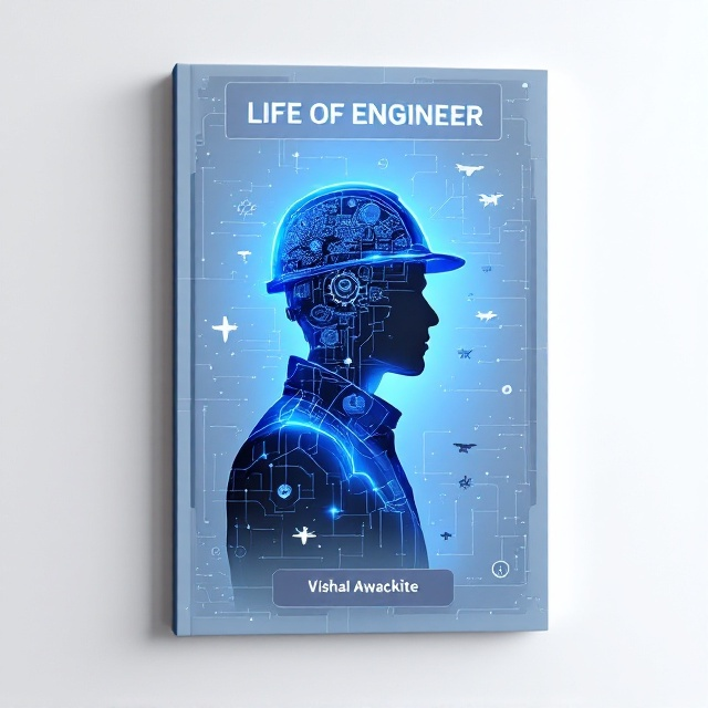 The cover features a sleek white backdrop for a futuristic appeal. The central figure is a silhouette of an engineer wearing a hard hat, filled with high-precision illustrations of blueprints, gears, circuits, and nodes, almost like a window into their innovative mind. Surrounding the silhouette is a network of interconnected icons such as airplanes, gears, circuits, drones, satellites, and tools linked with fine, glowing blue lines. At the top of the cover, a digital screen-inspired translucent bar incorporates the title “Life of Engineer,” giving a technological touch. The subtle use of shaded shadows creates depth and highlights the interconnected elements.