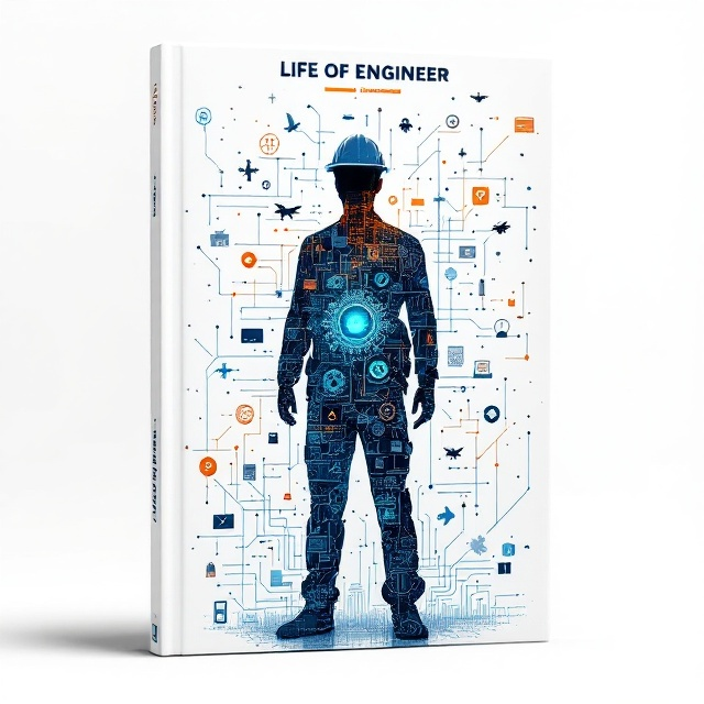 A clean white background serves as a base. In the center, a tall silhouette of a person wearing a hard hat is prominently featured. This silhouette is artistically filled with intricate blueprints, interconnected gears, circuits, drones, digital screens, and mechanical components, blending engineering disciplines. Around the silhouette, icons like airplanes, satellites, tools, and energy symbols are interconnected with sleek, glowing fine lines forming a futuristic digital network. A gradient of blue, gray, and orange emanates subtly around the silhouette, drawing attention to it while symbolizing professionalism and inspiration.