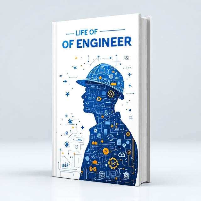 A clean white background dominates the cover, accentuating a central silhouette of a person wearing a hard hat. Inside the silhouette, intricate and interconnected blueprints, gears, mechanical elements, circuit patterns, and civil components are depicted in varying shades of blue, complemented by accents of orange for energy. Surrounding the silhouette are digital network-like lines, interconnecting icons of airplanes, satellites, energy symbols, and tools, giving a cohesive and modern feel. The overall look is sleek and futuristic.