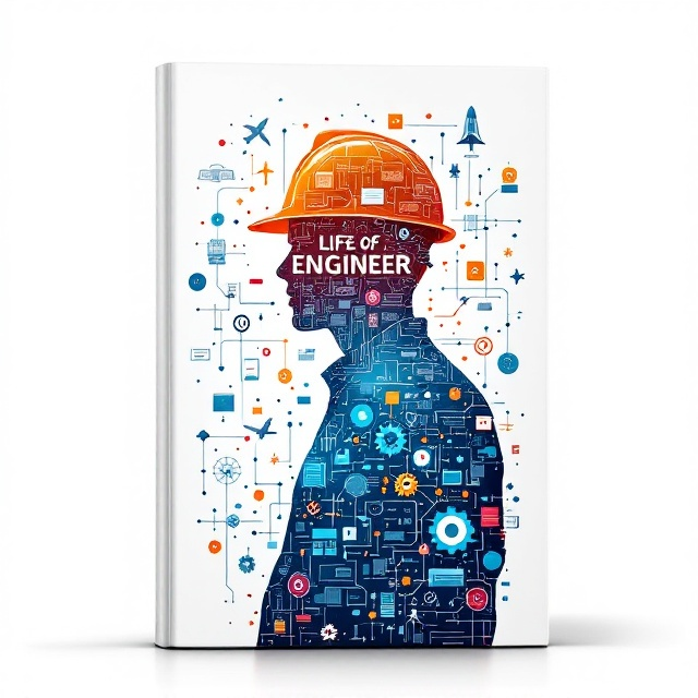A central silhouette of a person wearing a hard hat, filled with intricate overlays of blueprints, gears, digital screens, and circuits. Surrounding the silhouette are interconnected icons like airplanes, satellites, tools, gears, and energy symbols, all linked with fine network lines. The clean white background emphasizes the design elements, creating a minimalistic but engaging look. The color palette prominently features gradients of blue, gray, and vibrant orange.