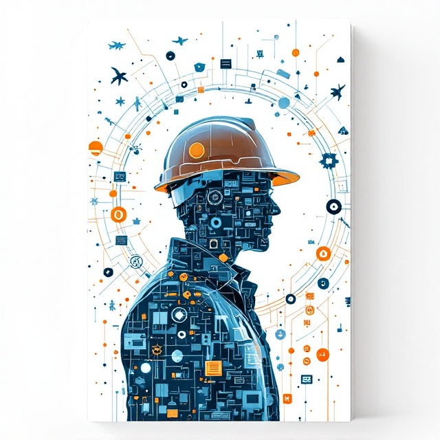 A silhouette of an engineer wearing a hard hat is centrally positioned on the cover. The inside of the silhouette is filled with intricate patterns of blueprints, gears, circuitry, digital screens, and mechanical elements, all blended together seamlessly to symbolize engineering creativity and innovation. The background is pure white, creating a clean and futuristic look. Surrounding the silhouette in an organized, circular pattern are small icons such as airplanes, satellites, gears, tools, circuits, and energy symbols interconnected with thin lines, forming a network-like structure. Orange and blue highlights emphasize the vibrant nature of engineering while maintaining a professional tone.