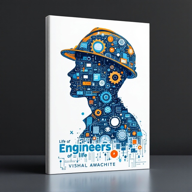 The cover depicts a central silhouette of a person wearing a hard hat, filled with intricate designs of gears, circuits, digital screens, and mechanical components. These elements are subtly interconnected and rendered in vibrant shades of blue, gray, and orange to symbolize engineering creativity. The white background creates a clean and futuristic aesthetic, enhancing focus on the central artwork. Subtle diagonal lines and patterns, mimicking blueprints, are faintly visible in the background to add depth and texture.