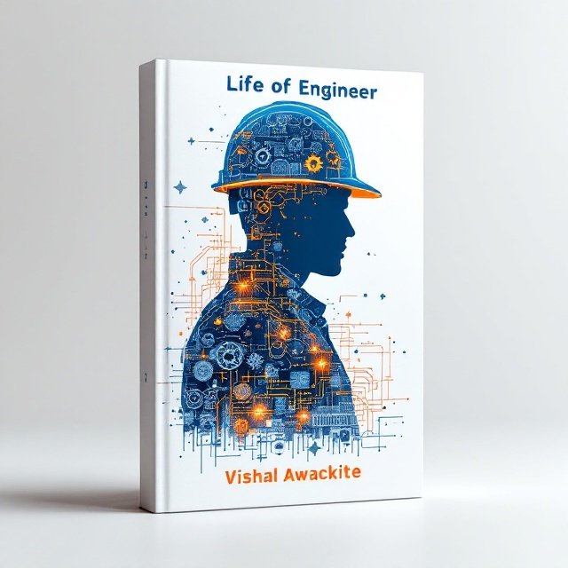 The cover features a central silhouette of a person wearing a hard hat. Within the silhouette, there are intricate elements like gears, blueprints, interwoven circuits, and machinery, symbolizing the multifaceted creativity and technical challenge in the life of an engineer. The silhouette is slightly tilted forward, creating a dynamic and motivated stance. The background is clean with a white gradient that subtly transitions into a soft grey towards the edges, offering a minimalist yet modern aesthetic. A few orange glowing lines and digital-inspired graphics flow through the edges of the silhouette, adding energy and focus to the design.