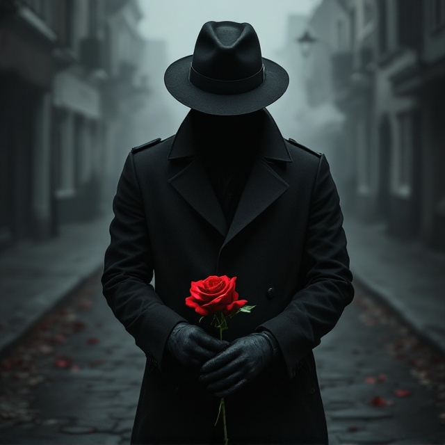 A shadowy figure of a man stands in the center of the cover, wearing a vintage hat tilted forward to obscure his face, dressed in a dark trench coat. A single, vivid red rose lies in his gloved hand, its petals slightly wilted. The background features a desolate, foggy street barely visible in the shadows to evoke a sense of coldness and mystery. Wisps of gray smoke curl upward from the lower edges, adding an enigmatic aura. The overall tone is dark and moody, emphasizing black with faint silvery and crimson accents.