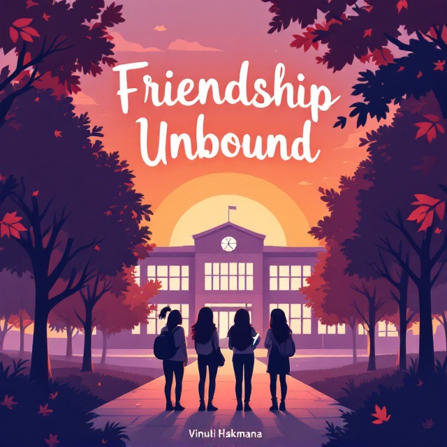 Four silhouetted girls, each with distinctive postures or accessories (e.g., one with a backpack, another with a ponytail, one holding a sketchbook, etc.), standing side by side on a tree-lined pathway leading to a modern high school with large windows. The background is painted with a warm sunset gradient transitioning from soft orange to lavender. Trees with autumn-colored leaves frame the edges, and the title floats in a whimsical arch above the school.