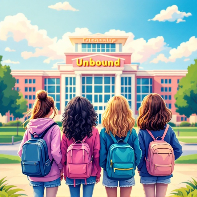 Four girls, each with unique hairstyles and accessories, are depicted standing side-by-side in a vibrant, cartoon-like style. They face away, looking toward a large, bright high school building. The scene is set during a warm, sunny day, with a blue sky, fluffy white clouds, and a few scattered trees in the background. Each girl has a visible backpack or item that hints at their personality (e.g., musical instrument, sports gear, sketchbook, etc.). The colors are soft but cheerful, with pastel tones dominating the palette.