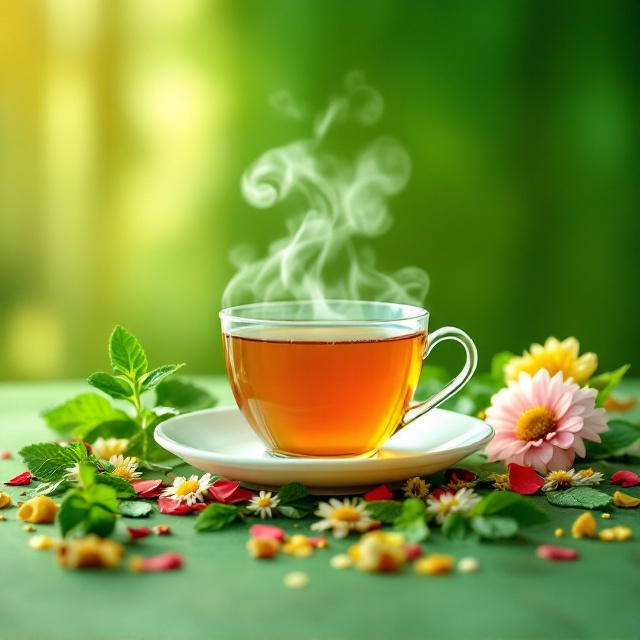A central steaming cup of herbal tea surrounded by fresh mint leaves, chamomile flowers, and hibiscus petals, arranged in an organic, flowing pattern. The background features a subtle, blurred silhouette of a toned female waist and midsection in light white tones. The backdrop transitions from a bright green to a soft yellow gradient to evoke feelings of energy and freshness.