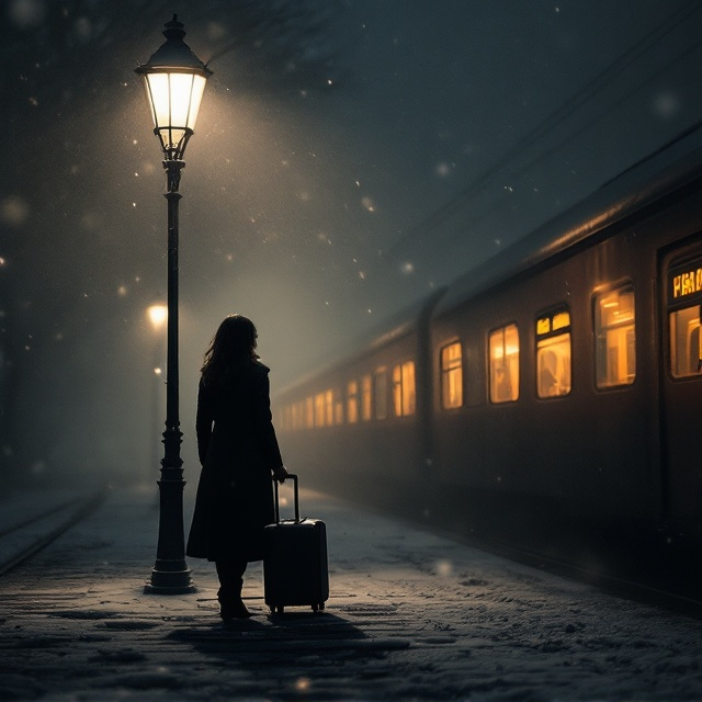A dimly lit railway station with an atmosphere of mystery. A woman with dark hair, clad in dark clothes, stands under a lamppost holding a suitcase. The scene is enveloped by a dense fog, with snow gently falling. A train with faint glowing windows emerges from the background, its vague silhouette creating a sense of movement and uncertainty. The night sky above and the muted tones of the setting emphasize a feeling of being lost but searching.