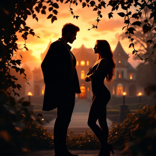 A luxurious mansion is set prominently in the background under soft, warm sunset lighting. In the foreground, silhouettes of a man and a woman are depicted standing close but facing slightly away from each other, capturing tension yet attraction, hinting at the "enemies to lovers" theme. The man holds his jacket over his shoulder confidently, and the woman stands with her arms crossed, her posture assertive. Winding ivy climbs around the edges of the scene, alluding to growth, entanglement, and opportunity.