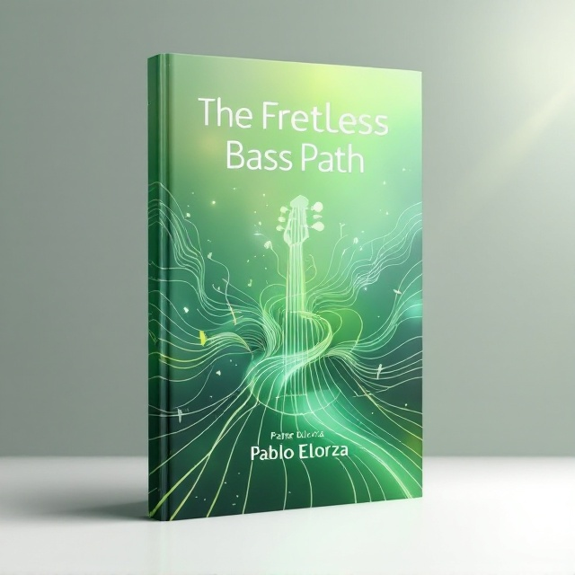 The cover features an artistic illustration of a fretless bass guitar with its strings extending outwards, transforming into abstract green sound waves and connecting lines that fade into the background, symbolizing music and flow. The background is a gradient of soft green tones, with subtle darker green accents resembling musical staff lines. Light flares and soft highlights give a sense of happiness and concentration.