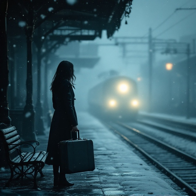 A melancholy scene featuring a lone woman with dark hair wearing dimly lit, dark clothing. She stands at the edge of a foggy railway station at night. Snow falls around her as she holds a suitcase in one hand, her gaze lost in the direction of an idle train. The distant halo of an approaching train's headlights is veiled by the dense fog, blending effortlessly with the snowy atmosphere. The entire composition is awash in muted blue and gray hues to evoke the chilling sensation of isolation and uncertainty. The station's old-world aesthetics, including iron bench outlines and ornate lampposts emitting faint light, subtly enhance the feeling of timelessness.