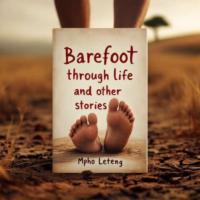 A pair of weathered, bare feet is walking on a path strewn with sharp stones, cracked earth, and sparse dry grass. The background fades into a blurred horizon painted with warm autumn tones—reds, oranges, and browns—to elicit emotional fatigue and melancholy. In the distant background, the faint outline of a solitary tree stretching upward on an uneven hill is visible, reinforcing a sense of isolation and struggle.