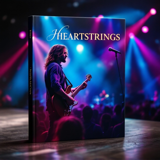 The cover captures an electric, high-energy moment onstage, framed by vibrant beams of colored lights in blue, purple, and pink hues. A clean-shaven man with long brown hair stands front and center, gripping an electric guitar with one hand while leaning toward a vintage microphone. The faint silhouettes of a backup band are visible in the background, partially obscured by dynamic light streaks and haze. In the lower foreground, blurred outlines of a massive crowd are illuminated by dramatic lighting, with a young woman’s face in clear focus—her adoring gaze locked upward on the performer. The atmosphere exudes romance and music-driven ecstasy.