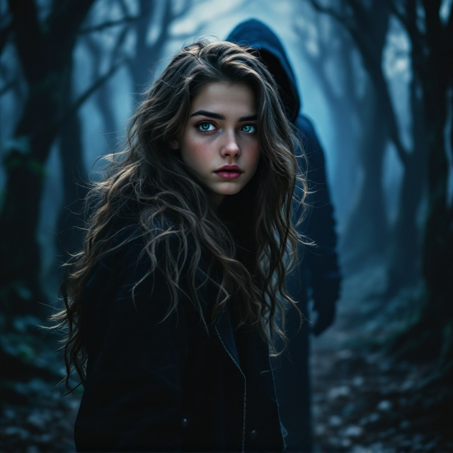 A teenage girl with long, wavy brown hair and vivid green eyes is positioned in the foreground. Her expression is a mix of fear and determination as she slightly turns her head back, sensing someone behind her. In the shadowy background, a hooded man shrouded in deep shadows appears ominously. The surrounding environment is a foggy, eerie forest with twisted trees, and the ground is covered in thick mist. The forest has a dark navy blue hue with faint streaks of light creating sharp contrasts.