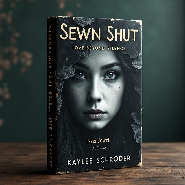 A haunting image of a young woman’s face dominates the cover. Her dark, piercing eyes brim with a mix of sadness and enigma, and her mouth is sewn shut with visible threadwork—harsh and raw. Her pale skin is contrasted against a shadowy forest that bleeds into her silhouette as the background. The forest fades into darkness at the edges, and faint fragments of a handwritten journal scroll fade in and out of the shadows, hinting at the journalist's obsession. The title "Sewn Shut Love Beyond Silence" appears jaggedly across the top in a blood-streaked gradient, while the author's name, "Kaylee Schroder," is delicately placed at the bottom in soft gold.