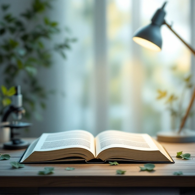 A tranquil study scene with a soft focus and well-lit environment. On a wooden desk, there’s an open book placed at the center. A small, sleek microscope sits to the left, symbolizing the precision and depth of research. Sprinkled along the desk surface are a few vibrant green tree leaves, symbolizing growth and hope. In the background (upper right), a warm yet minimalistic desk lamp casts a gentle glow across the desk, creating a sense of warmth and guidance. The backdrop fades subtly in light blue or light green tones, offering a calm, trustworthy impression.