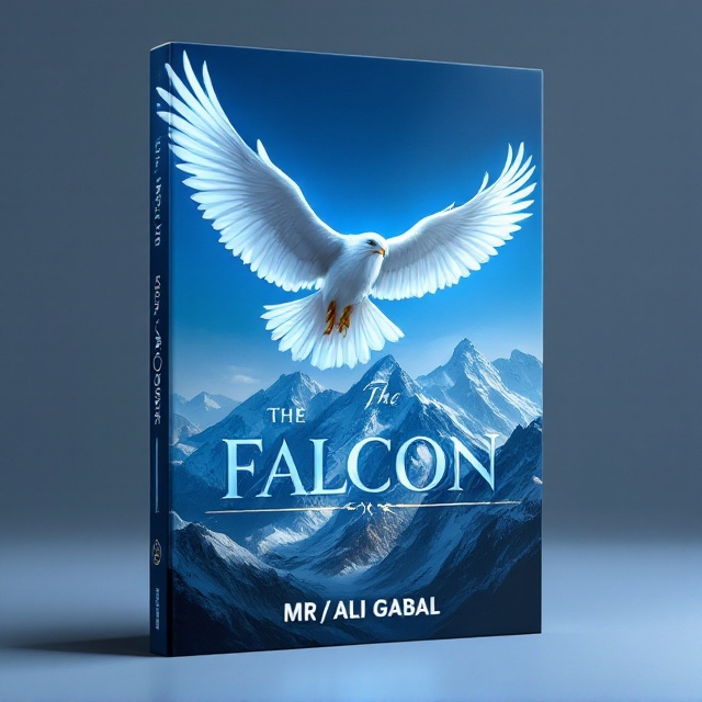 A majestic white falcon spreads its wings in full flight, soaring in a clear blue sky blended with subtle black gradients. Behind the falcon, a dramatic series of snow-capped mountain peaks emerge, bathed in soft sunlight that emphasizes their grandeur. The entire scene exudes an aura of strength, elegance, and a commanding presence. The background integrates a minimal but powerful gradient transitioning between dark navy blue and pure white, reinforcing the tone of strength and clarity.