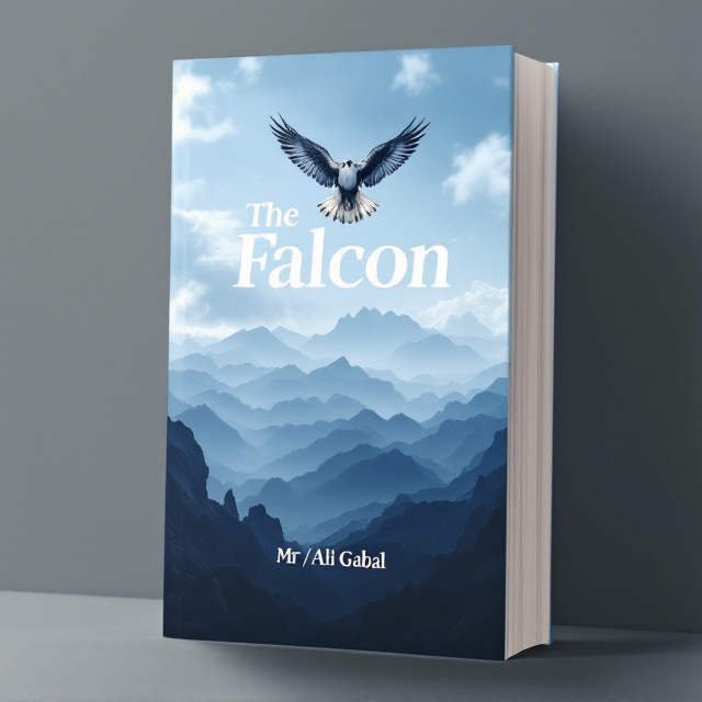 A majestic falcon with outstretched wings flying high in the sky, placed prominently in the center. Below the falcon, a breathtaking view of a series of rugged mountains fading into the background, creating depth. The sky is a dramatic blend of blue and white, symbolizing power and serenity, and black shadows accentuate the falcon and mountains to evoke strength and dominance.