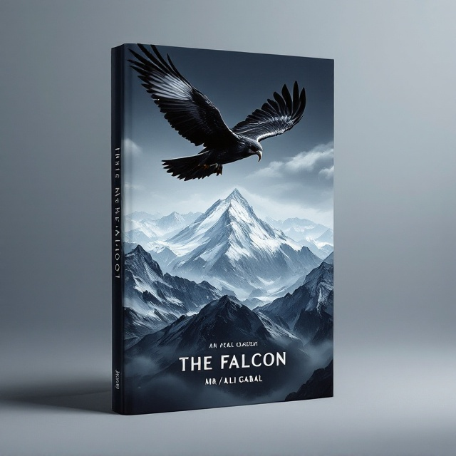 A powerful, monochromatic image of a large black and white falcon soaring high in the sky — its wings spread wide, exuding strength and dominance. The falcon's sharp gaze is directed downward, symbolizing focus and authority. Behind the falcon, a majestic mountain range stretches across the backdrop, bathed in a gradient of dark blue hues with soft white highlights, representing grandeur and resilience. The sky transitions from deep navy blue near the mountains to lighter tones near the edges to emphasize the depth and atmosphere.