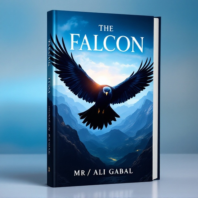 A majestic and powerful black falcon with a striking white head, soaring high in mid-flight, occupies the central focus of the cover. Behind it, a breathtaking landscape showcases a dramatic mountain range stretching toward the horizon under a vibrant sky with gradients of blue and subtle touches of white clouds. The elements convey dominance, grandeur, and awe. The falcon's wingspan is visually commanding, exuding strength and elegance.