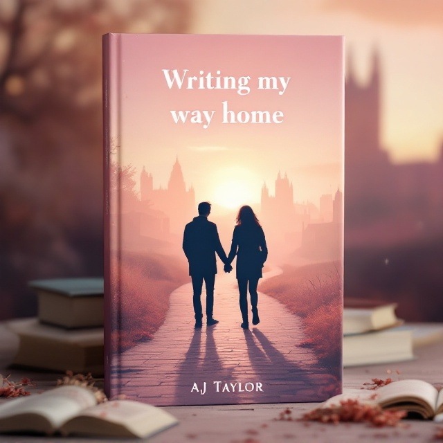 A silhouette of a couple walking hand in hand along a winding path set against a soft sunset background. On either side of the path, there are scattered open books, with their pages gently fluttering, while hazy outlines of Oxford University's architecture rise in the distant background. The scene uses pastel pinks, oranges, and a touch of teal, giving the cover a warm yet bittersweet feel. The simplicity of the overall design focuses the viewer’s attention on the couple's connection and the romantic atmosphere.