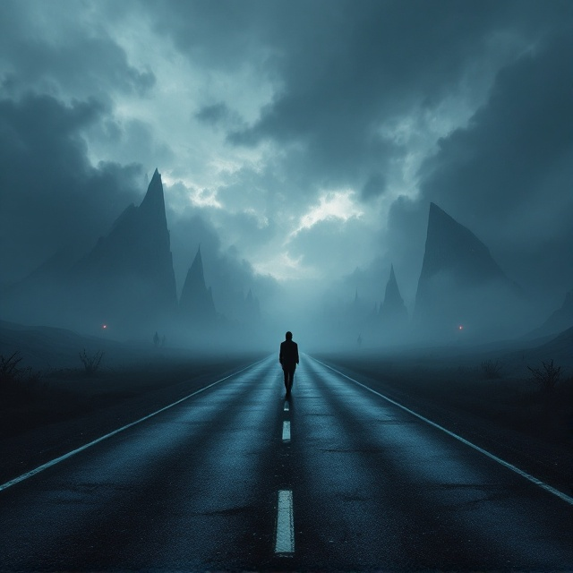 A shadowy, desolate road stretches into the horizon, disappearing into an eerie twilight. On either side of the road, jagged, unrecognizable structures emerge from dense mist, evoking mystery and unease. The sky is filled with muted, swirling clouds, with faint, futuristic silhouettes barely visible in the distance. A single, faint figure is seen walking on the road, their shadow elongated and distorted, blending into the darkness. Colors are dominated by deep blues, blacks, and silvers, with subtle glimmers of red light peeking through the clouds.