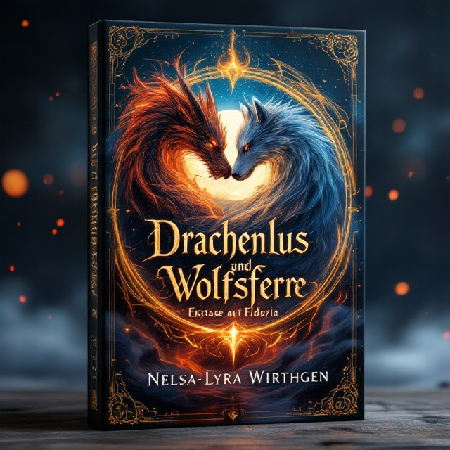 A striking scene featuring a powerful, dramatic dragon intertwining with a majestic wolf under an enchanted moonlit sky. The backdrop transitions from a fiery cascade of red and gold flames on the left to a serene expanse of blue and silver-tinted stars on the right. The creatures are surrounded by detailed, glowing magical runes written in elegant, arcane script, forming a circular frame around the title. Flowing mist and subtle embers add further depth.
