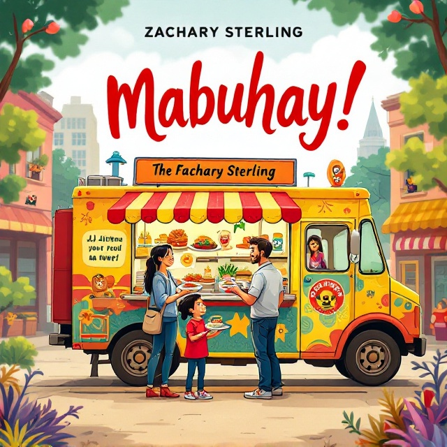 A vibrant illustration features JJ and Althea standing next to their cheerful parents at the side of their colorful food truck. The parents are shown joyfully passing plates of Filipino food to smiling customers. The background has a lively street scene with a whimsical touch, subtly hinting at Filipino folklore creatures peeking out from the edges—hidden as part of the design to intrigue readers. The color scheme uses bold, warm tones, including shades of red, yellow, and green, evoking the warmth and flavorful essence of Filipino cuisine.