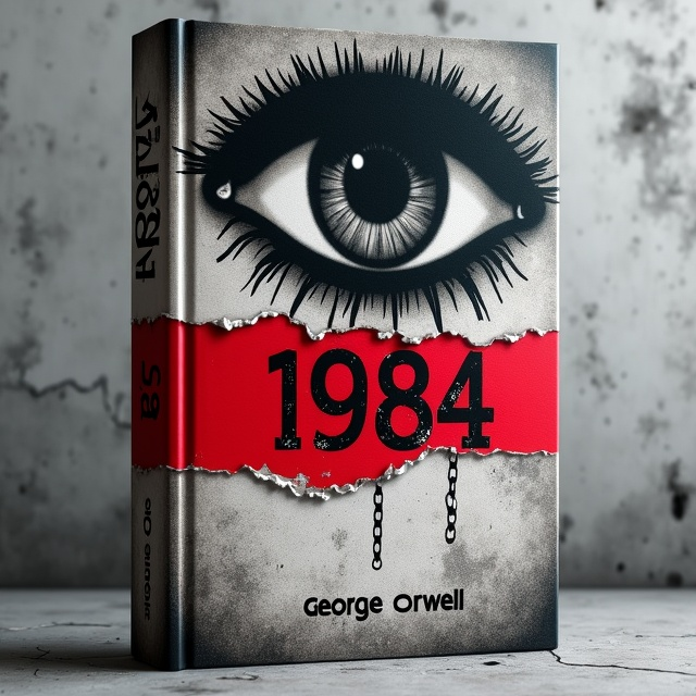 A looming, stark black silhouette of a watchful eye dominates the upper third of the cover, its iris containing a small, faintly visible clock face. The background is a desaturated, cracked concrete texture in grey tones, suggesting decay and oppression. Below the eye, faint faded chains stretch sporadically across the cover. A bold red stripe cuts horizontally near the center of the book, symbolizing danger and control, while small crumbling details edge this stripe.