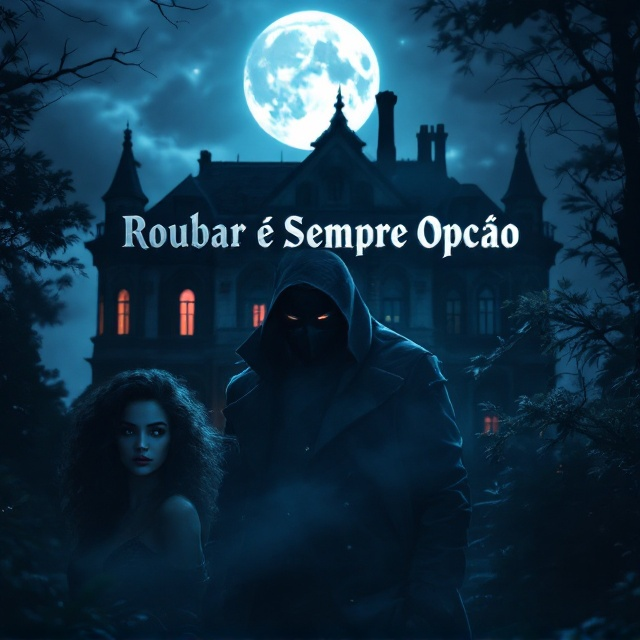 A grand mansion stands in the background, bathed in the deep blue of night, with silver moonlight streaming across its roof and windows. In the foreground, a masked man stands partly shrouded within shadows, his figure exuding an aura of danger. The young woman, her curly hair catching the silvery moonlight, stands off to the side, looking directly at the viewer, her face reflecting a complex mix of intrigue and rebellion. Dim silhouettes of faint red and blue police sirens flicker distantly, hinting at an impending chase. Shadows are deliberately exaggerated, weaving mystery and tension throughout the scene.