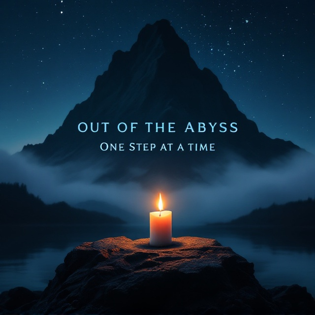 The background features a towering, shadowy mountain shrouded in faint mist, under a star-filled night sky. In the foreground, a single burning candle rests on a rocky outcrop at the base of the mountain, its small, warm light contrasting against the dark surroundings. The flame emits a golden hue that gradually brightens into a soft gradient, symbolizing hope emerging from darkness. Below, a subtle reflection of the candlelight ripples across a pool of water, hinting at inner transformation.