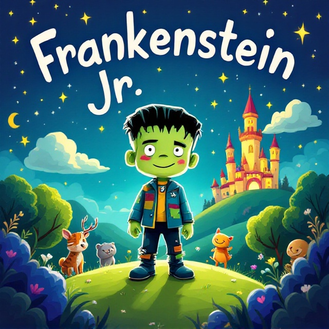 A whimsical illustration of a young, cheerful "Frankenstein Jr." standing on a green hilltop under a bright, cartoonish starry night sky. His outfit is colorful and slightly patched, with bolts peeking from his neck. Behind him, a welcoming, magical castle sits in the distance, glowing softly. Surrounding the character are playful animals and smiling, friendly clouds. The color palette includes vibrant greens, blues, and yellows with soft gradients, creating a warm, childlike tone.