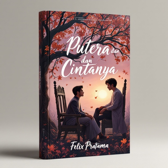The cover depicts a serene yet melancholic scene. A prince is seated on an ornate wooden chair, under a sprawling tree with autumn leaves falling gently around. His expression reflects deep thought and longing as he faces slightly away from a friend leaning on the opposite side of the chair, looking equally pensive. The background fades into a hazy, muted sunset with soft pink and orange hues fading into purples, giving a dreamy, romantic ambiance. The tree's branches arch over them, framing the characters while casting light shadows.