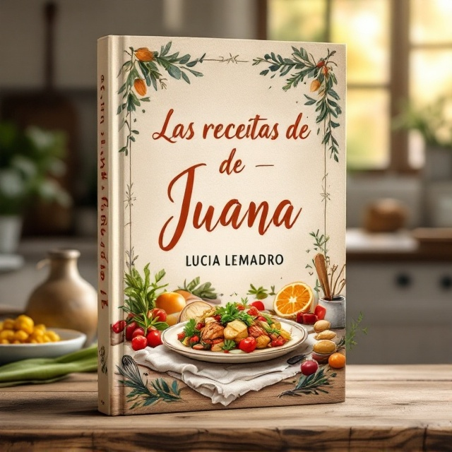 The cover features a rustic kitchen table with a beautifully set plate of food, surrounded by fresh ingredients (herbs, vegetables, spices). A subtle warm sunlight filters through a window in the background, casting a glow over the scene. Hand-drawn whimsical illustrations of smaller kitchen tools (like a whisk, spatula, and rolling pin) lightly frame the edges of the cover, adding charm and personality. The entire scene is based on a beige color palette with soft, warm undertones to evoke a cozy, homey feeling.