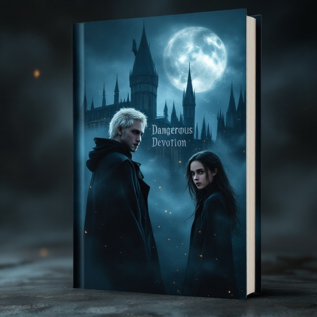 The cover features a stormy, moonlit sky above a dimly lit Hogwarts castle. In the foreground, Draco Malfoy stands on the left side, his platinum blonde hair catching the muted light, wearing a dark cloak. His expression is cold yet conflicted. To the right, a mysterious dark-haired girl with piercing eyes and an air of secrecy stands in semi-profile, her dark hair blending into the shadows. Between them, dark mist entwines with faint golden sparks, symbolizing both their connection and the magical realism of the story.