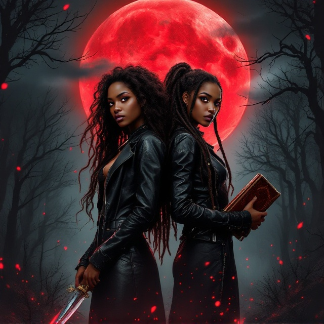 The cover features two striking black teen vampire sisters standing back-to-back under a blood-red moon in a dark, stormy night sky. One sister has long curly hair cascading over her shoulders, while the other has long goddess locs that spread like tendrils of shadows. Both have espresso skin glowing faintly under the ominous moonlight and piercing brown eyes with a hint of vampiric predatory grace. Their clothing is modern but edgy—leather and gothic elements—while they hold weapons (a silver dagger and ancient book) that exude both mystery and power. A misty forest of leafless trees frames the background, with splashes of red (like spilled blood) subtly scattered across the dark greyscale.