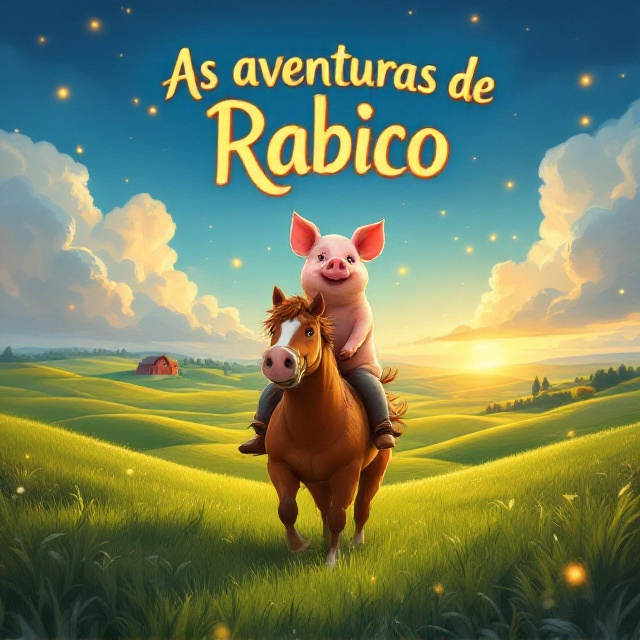 A whimsical illustration of a curious, playful pig (Rabico) perched atop a gallant, spirited horse in the middle of a vast, rural farm setting. The background features rolling green pastures blending into a horizon tinged with golden sunlight that invokes an air of mystery and adventure. Stylized clouds and a vibrant barn in the distance add depth and context, with a faint overlay of scattered glowing fireflies around Rabico to suggest an element of enchantment and imagination.