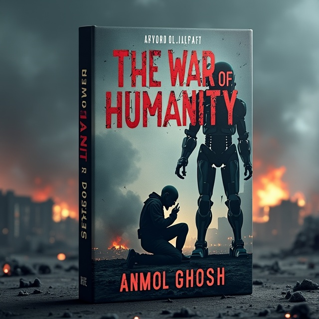 A dystopian cityscape in the background, showing a dimly lit, war-torn environment with burnt buildings and smoke billowing into the dark sky. In the foreground, there’s a sharp divide on one side, a grieving human soldier kneeling with their weapon lowered, and on the other side, a towering, emotionless robot holding a weapon. Between them lies a battered globe, symbolizing humanity's struggle for survival. The color palette includes grays, deep blues, and muted reds, evoking a sense of despair and tension. Faint digital code textures are overlaid subtly onto the background to emphasize the robotic theme.