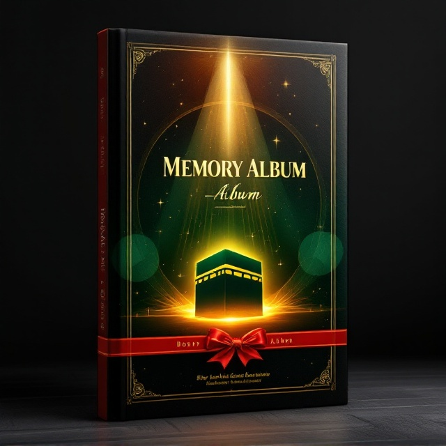 The book cover features a dominant image of the Ka'bah as the focal point, glowing under a radiant golden light, symbolizing a cherished memory. The Ka'bah is surrounded by abstract circular brushstrokes in highlighter green and red tones, evoking a feeling of nostalgia and warmth. The background is a solid black to create contrast and highlight the vibrant elements. Subtle white starbursts and soft gradients form a celebratory, divine atmosphere. Along the bottom, a decorative red ribbon motif outlines the text area.