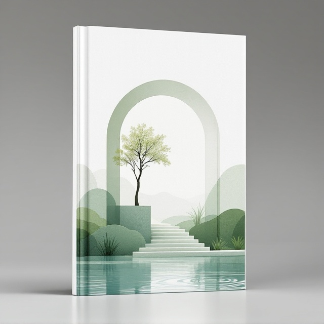 A minimalist and balanced design featuring an abstract arch that converges with natural elements. A semi-transparent tree silhouette is integrated within the arch, symbolizing an ecological embrace. A soft gradient of greens and grays flows upward from the base to white, suggesting sustainability and purity. A faint outline of a staircase emerges in the lower-quarter section, guiding the eye upward, while a subtle ripple effect denotes the presence of water. A courtyard-inspired arrangement subtly encloses these elements, creating a cohesive sense of spatial harmony.