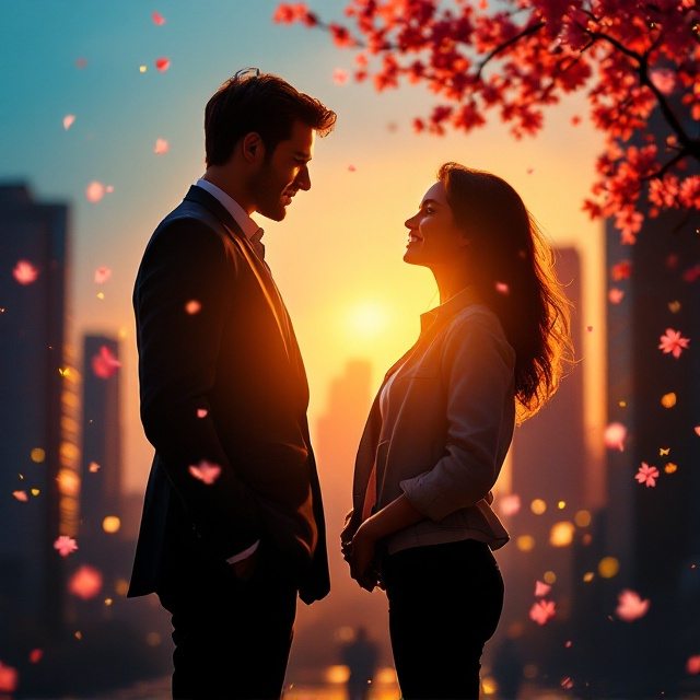 A silhouette of a man in a sharp business suit with an authoritative stance faces a woman in casual attire, standing playfully with a slight smirk. Their backs almost touch but their postures show contrasting energy–distance turning toward chemistry. The background is a cityscape with warm hues transitioning from cool twilight blue to shades of pink, signifying the shift from professional coldness to romantic warmth. Overlapping golden light streams surround the two figures, emphasizing the emotional transition of the story. Subtle cherry blossom petals float across the scene, adding softness and a romantic undertone.